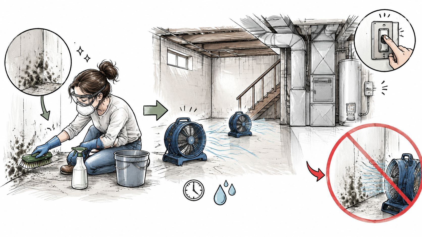A woman cleaning mold in a basement using fans to dry the area, with warning signs.