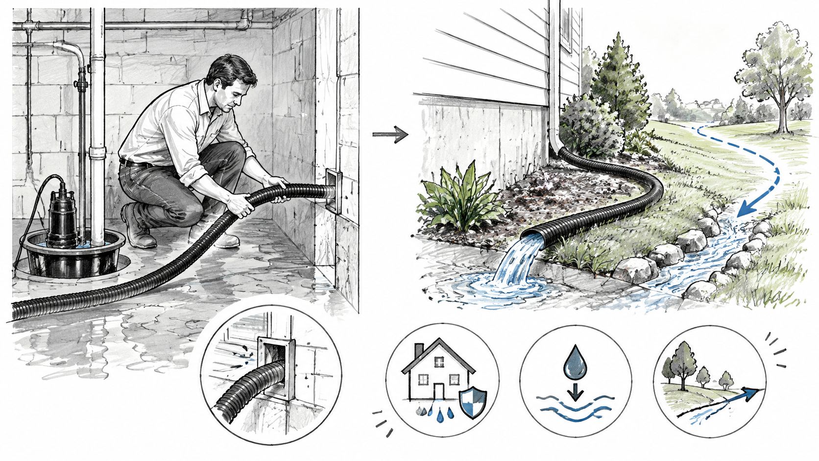 A diagram demonstrating how to use a sump pump to drain basement flooding away from a house.