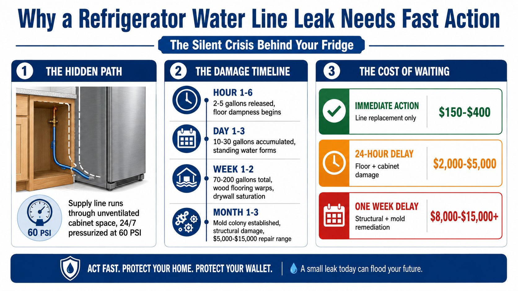 An infographic illustrating the escalating costs and structural damage risks of ignoring a refrigerator water line leak.