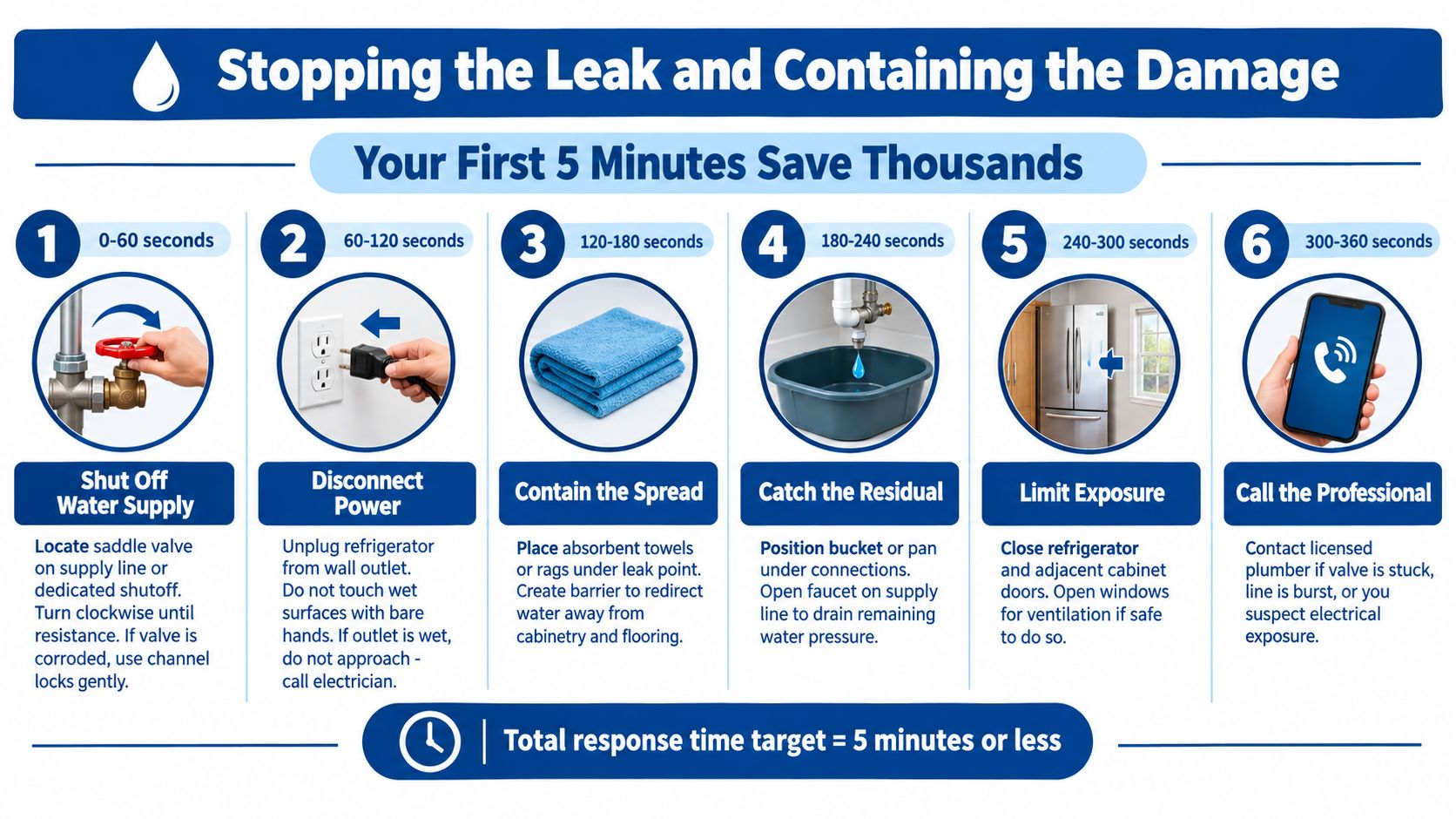 A six-step instructional infographic on how to stop a refrigerator water line leak and contain damage.
