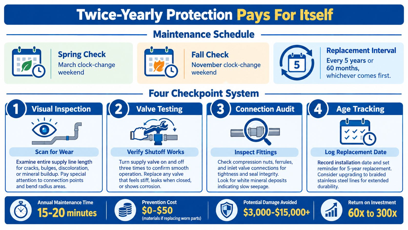 A comprehensive maintenance guide for refrigerator water line leak prevention, detailing a twice-yearly checklist and safety steps.