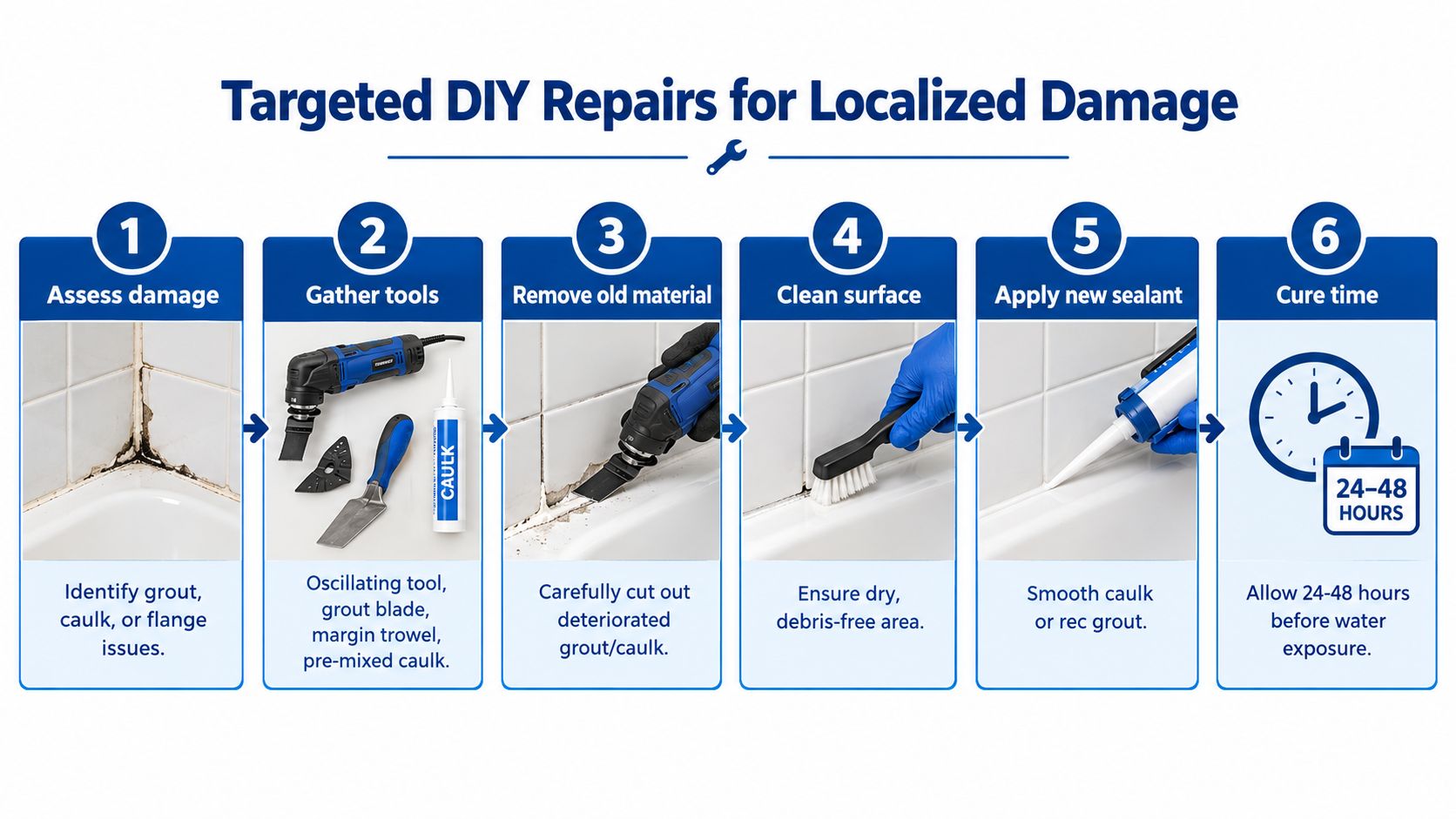 A six-step infographic showing how to repair leaking shower tiles by removing old grout and applying caulk.