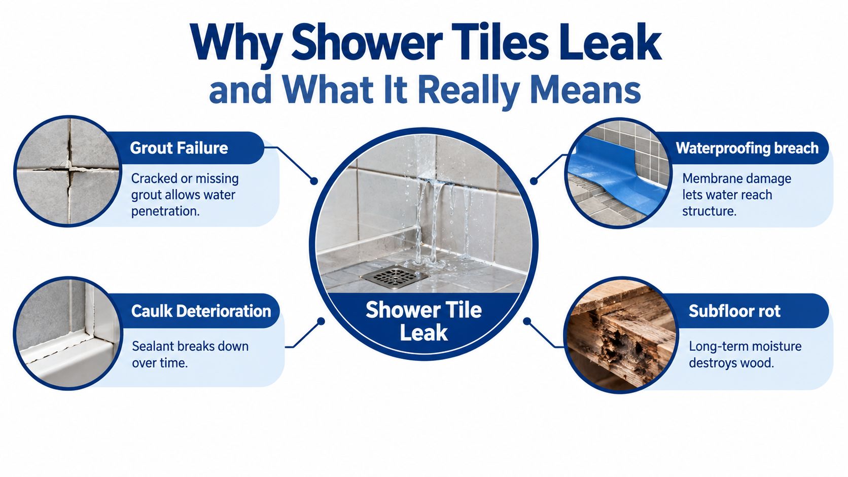 An infographic showing common causes of shower tile leaks including grout failure, caulk deterioration, waterproofing breaches, and subfloor rot.