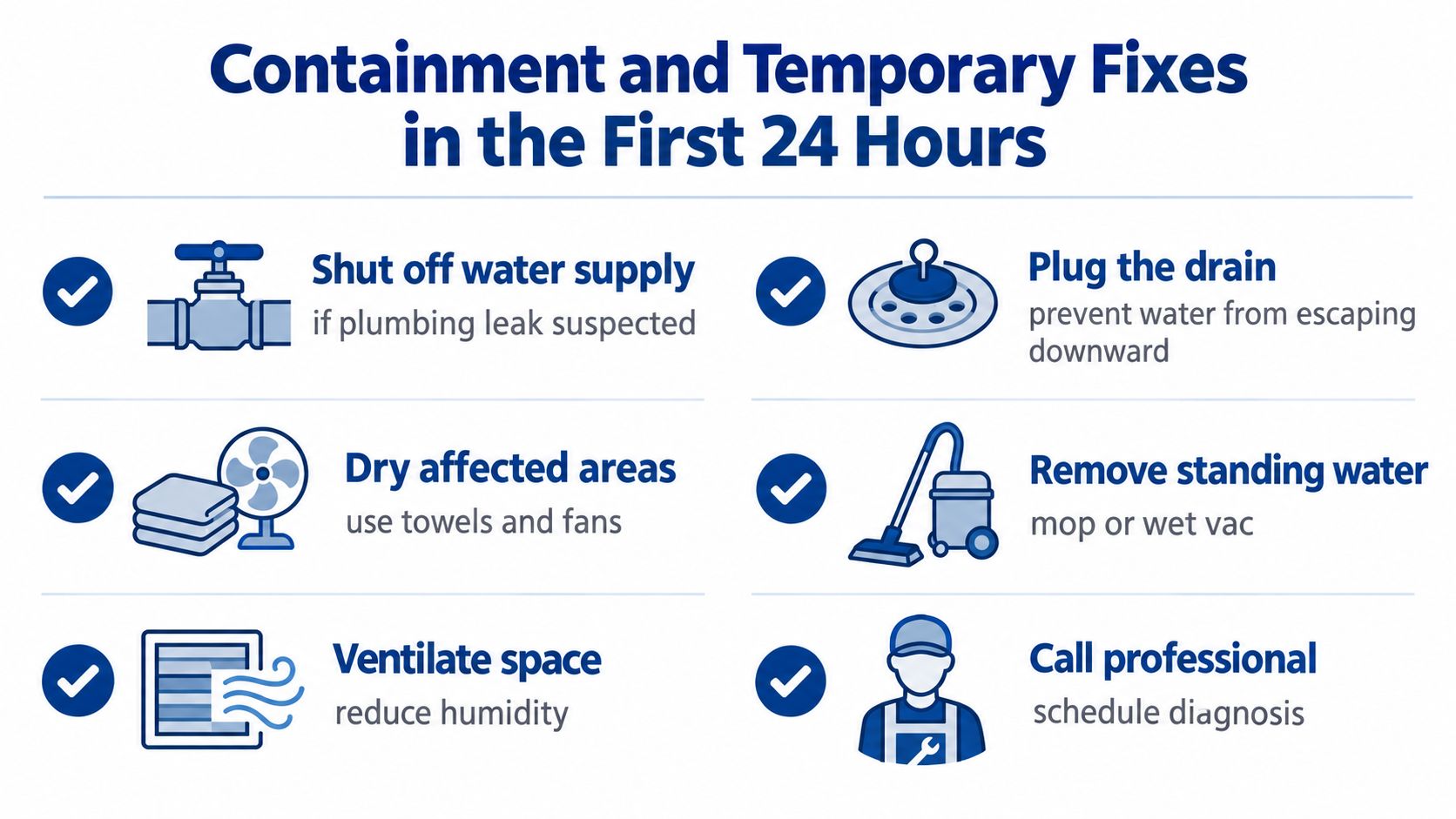 An infographic showing six steps for containment and temporary fixes during water damage in the first 24 hours.