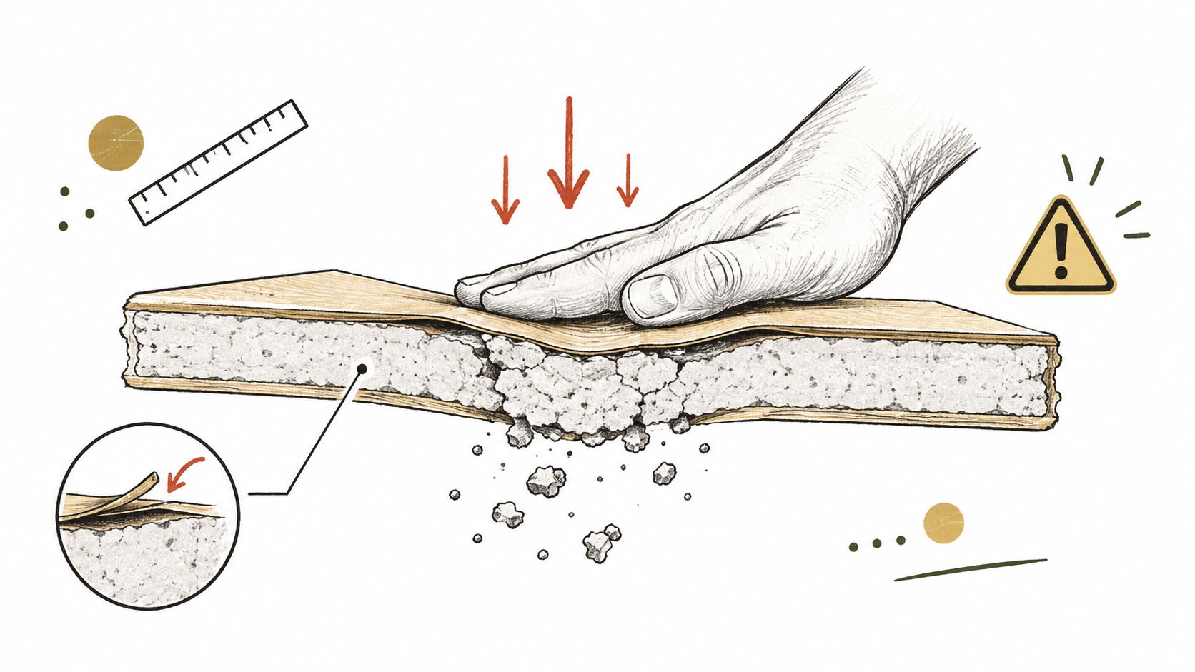 A conceptual illustration showing a damaged wall panel being crushed by a hand, depicting structural failure.