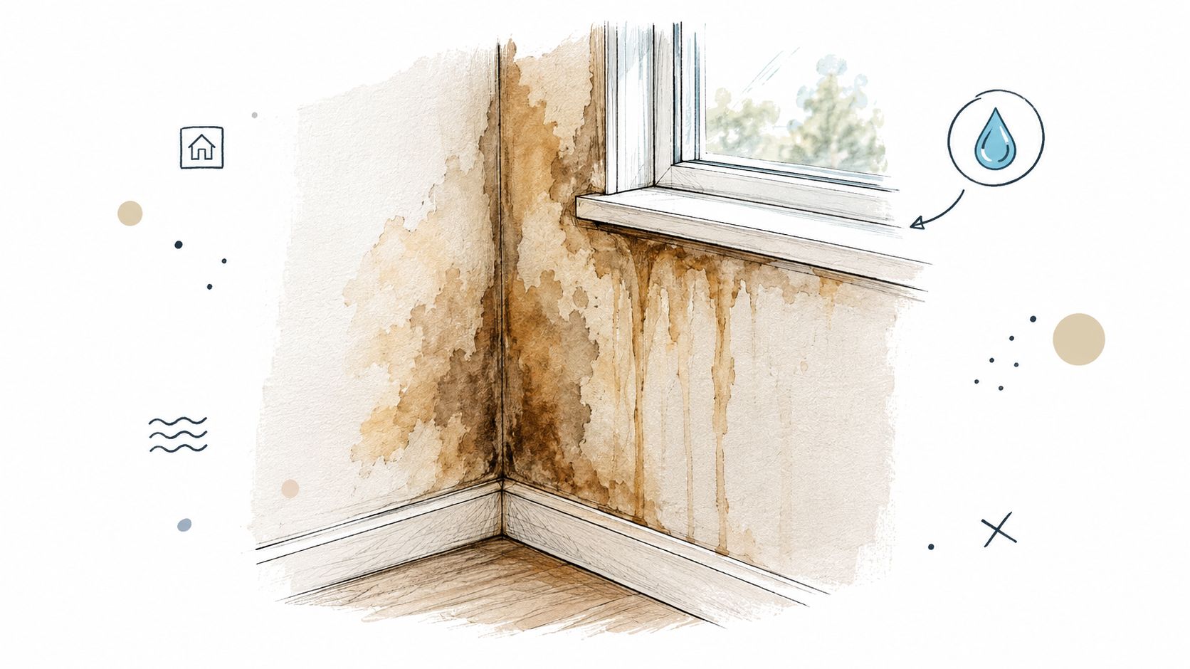 A watercolor illustration depicting severe water damage, damp stains, and mold on an interior wall corner.