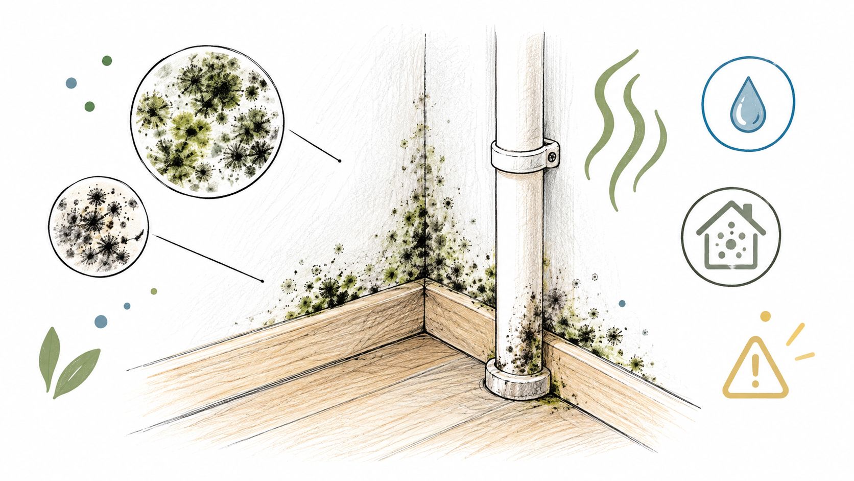 A diagram illustrating mold growth in a corner near a pipe, indicating potential wall water damage signs.