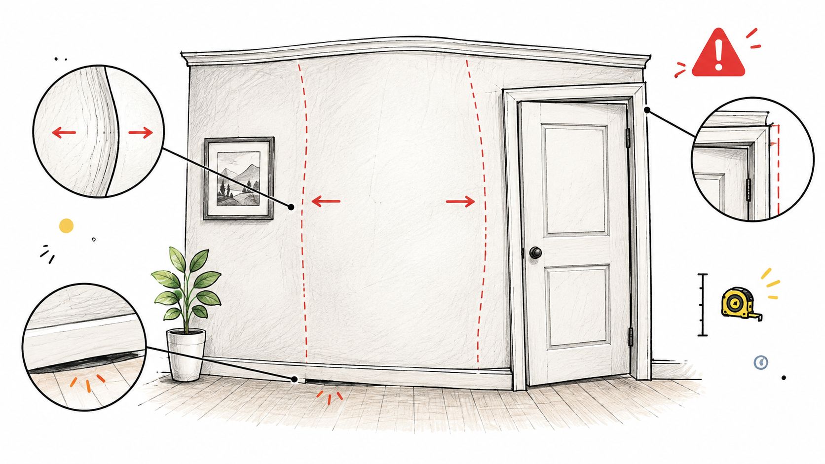 A diagram illustrating common signs of structural wall water damage including bowing, baseboard gaps, and uneven door frames.
