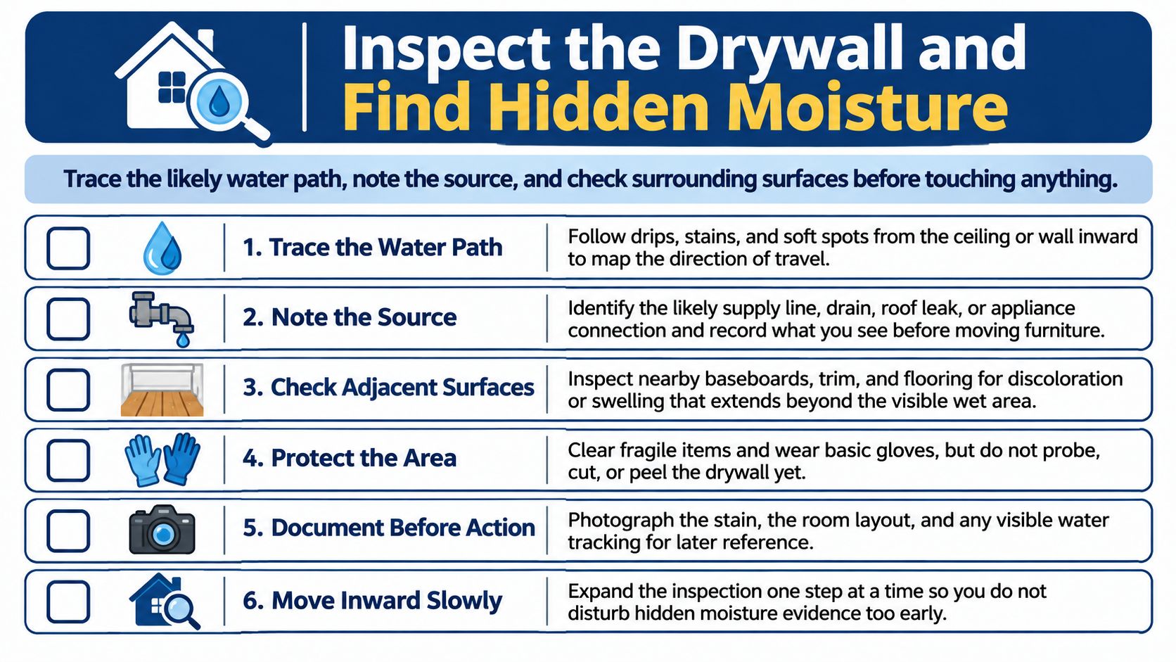 An infographic checklist for inspecting drywall to identify and trace signs of hidden water damage.