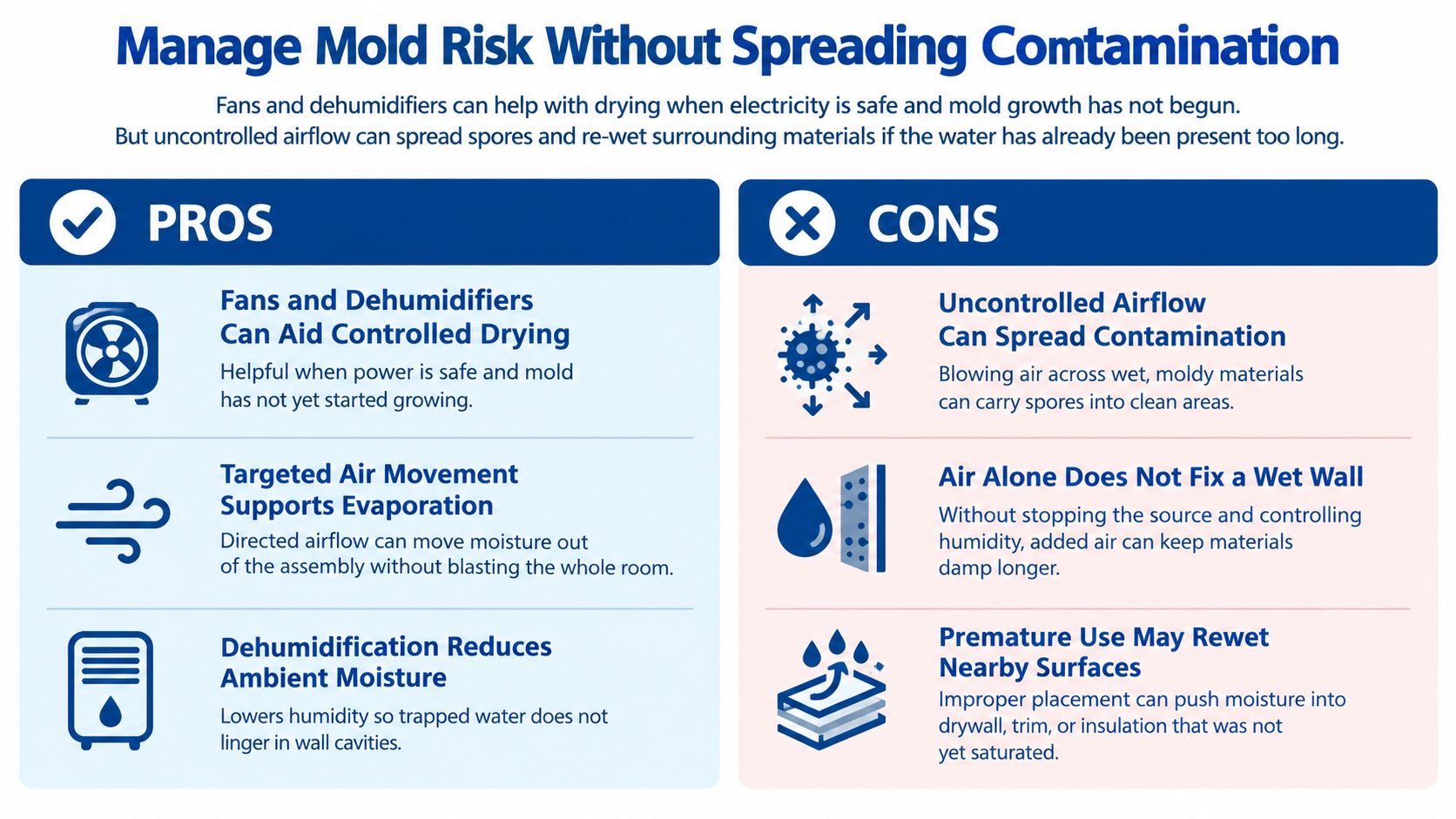 A chart showing the pros and cons of using fans and dehumidifiers for managing water damage and mold.