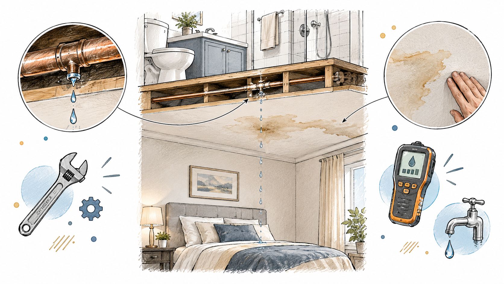 A diagram illustrating water leaking from a bathroom pipe, causing water damage on the bedroom ceiling below.