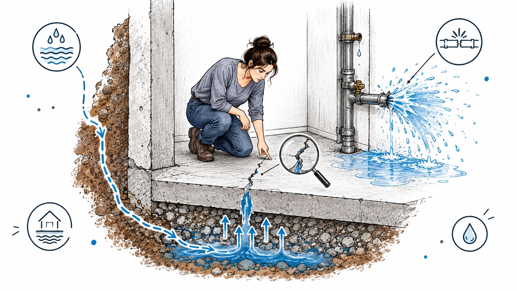 A woman examining a crack in a basement floor caused by water leaks and foundation issues.
