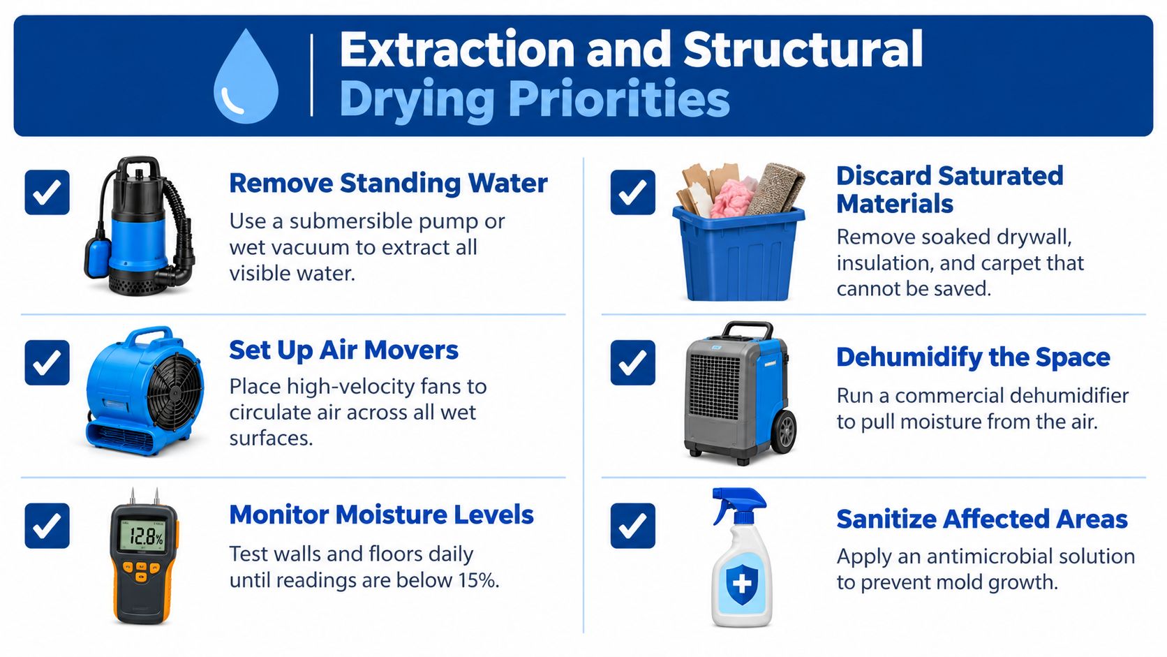 A professional infographic outlining essential steps for extraction and structural drying after a water damage event.
