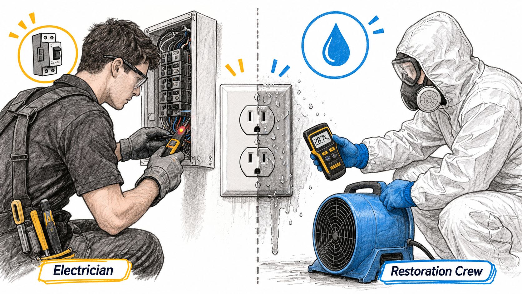 An electrician inspects a circuit breaker while a restoration crew worker dries a wet electrical outlet.