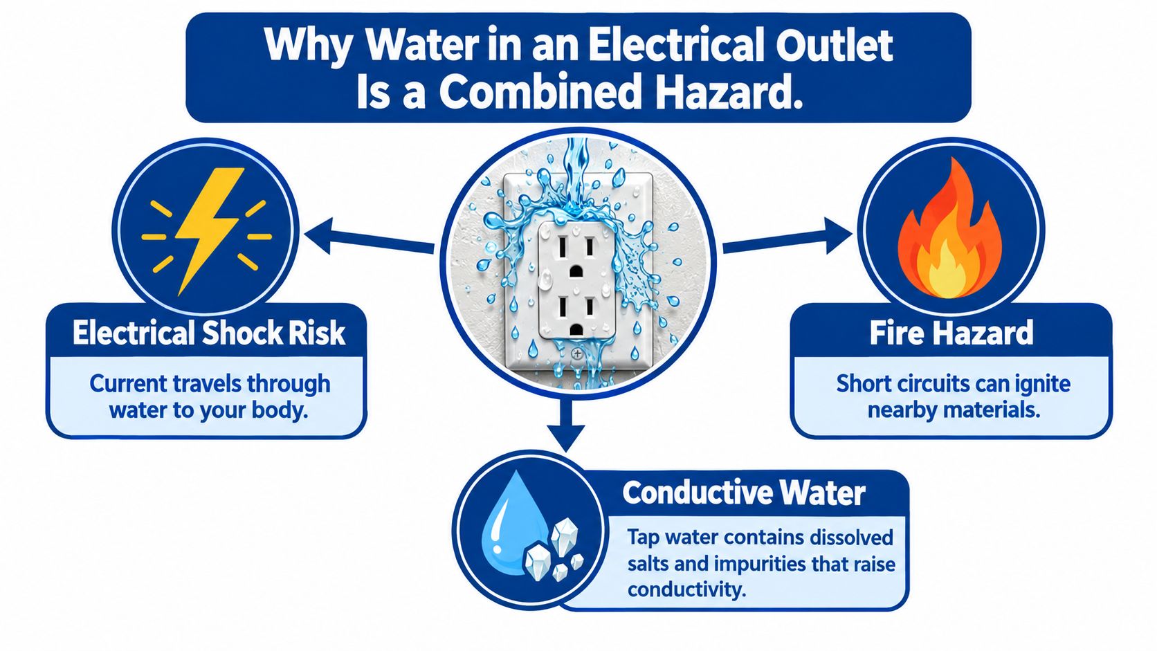 A diagram explaining why water in an electrical outlet causes shock and fire hazards due to conductivity.