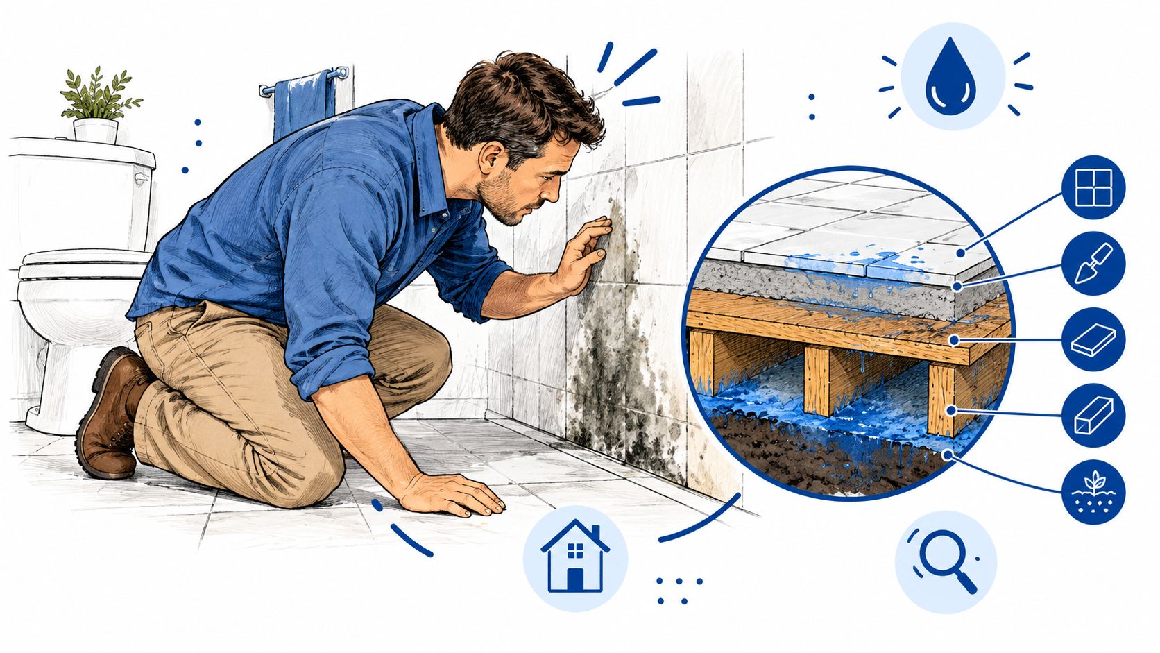 A man inspecting moldy bathroom walls while a cross-section diagram illustrates water seeping through tiled floors.