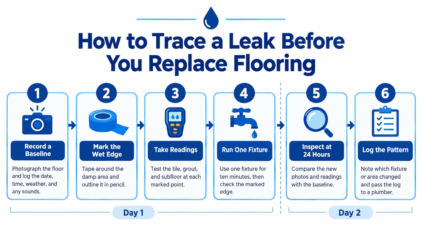 A six-step infographic showing how to identify and trace a leak before replacing damaged flooring.