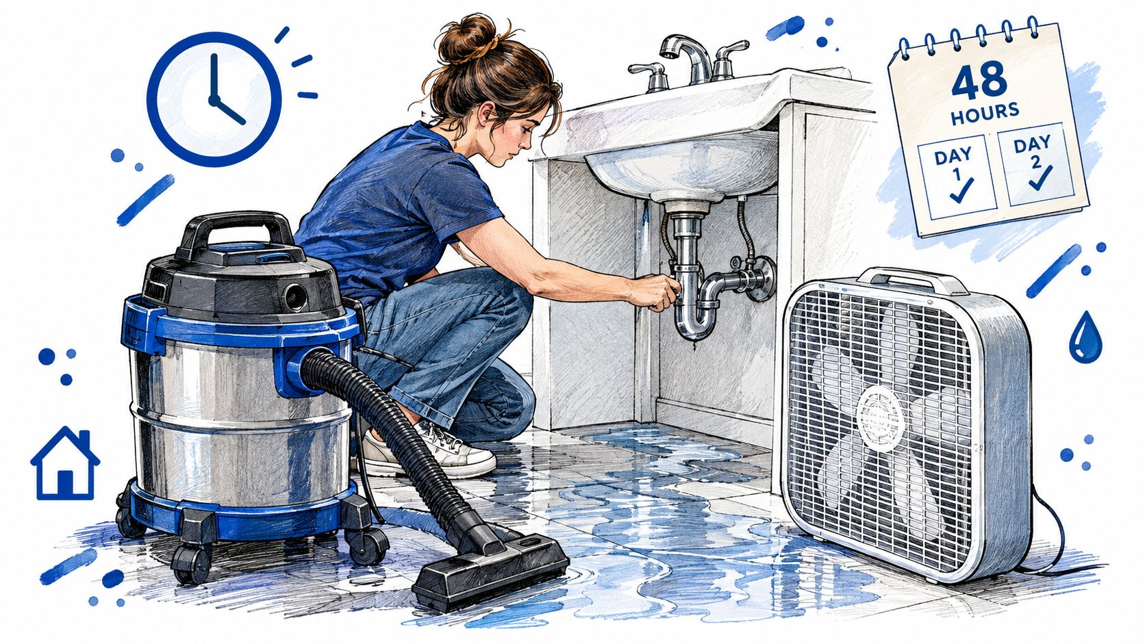A person kneeling on a wet floor, repairing a leaking sink with a vacuum and fan nearby.